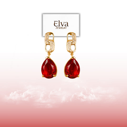 Elegant Red Teardrop Earrings – Gold & Crystal Accent