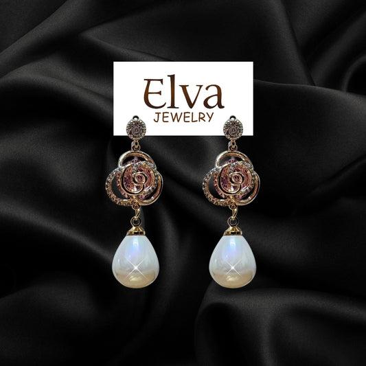 Luxury Rose Pearl Drop Earrings – Vintage Elegance